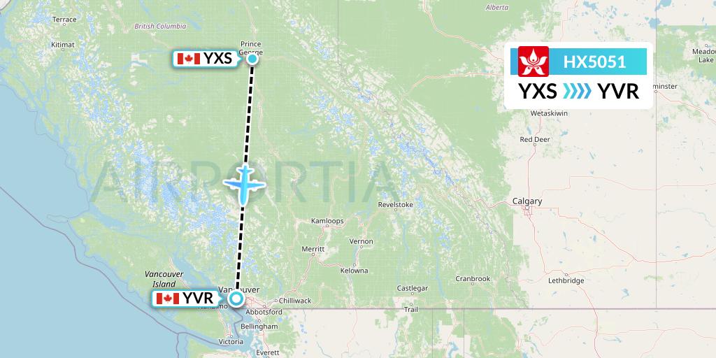 HX5051 Hong Kong Airlines Flight Map: Prince George to Vancouver