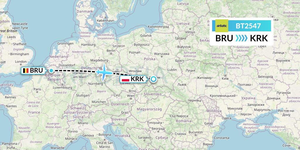BT2547 Air Baltic Flight Map: Brussels to Krakow