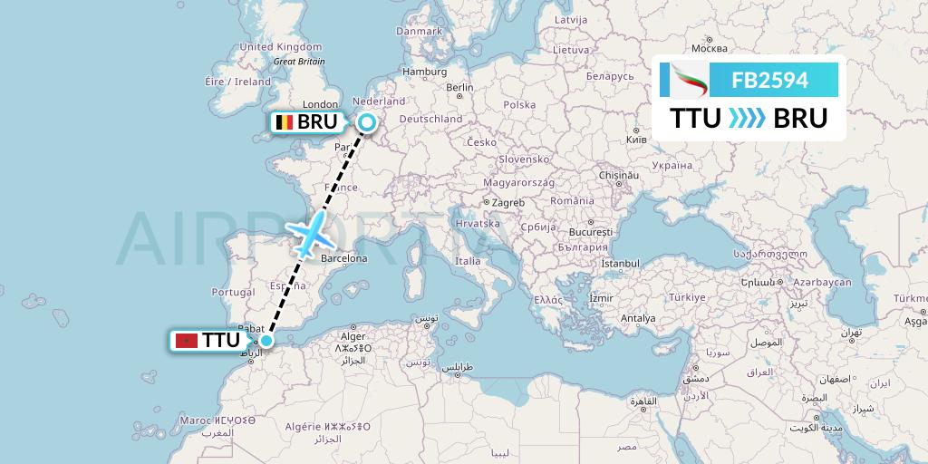 FB2594 Bulgaria Air Flight Map: Tetuan to Brussels