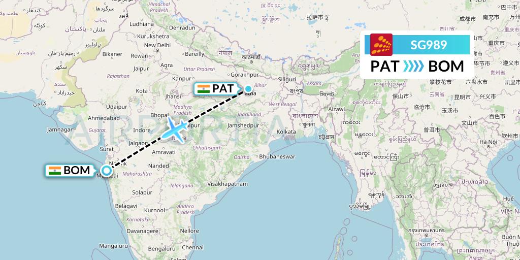 SG989 SpiceJet Flight Map: Patna to Mumbai