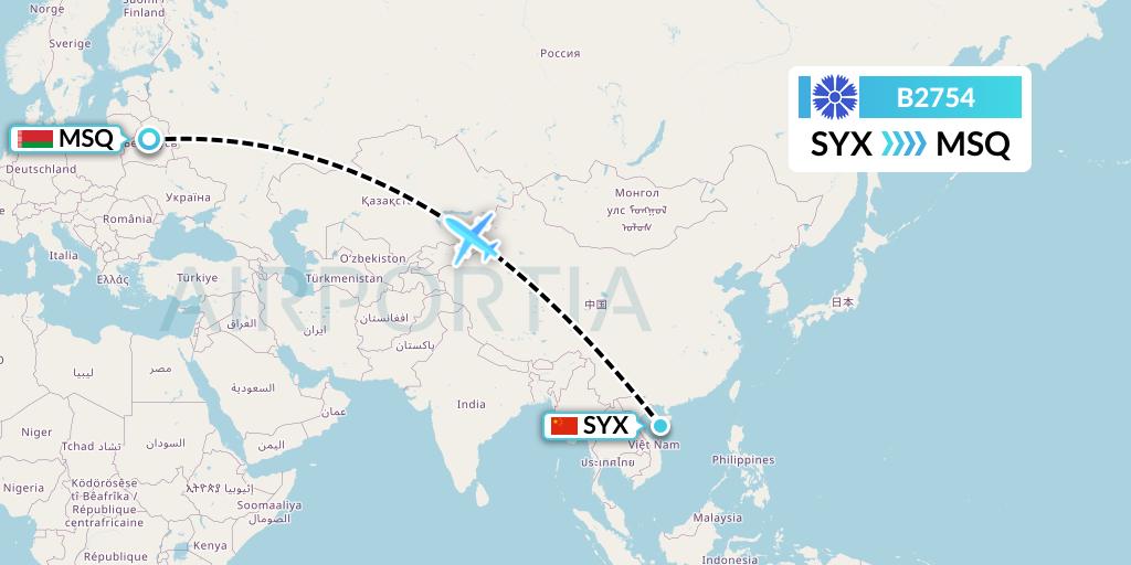 B2754 Belavia Flight Map: Sanya to Minsk