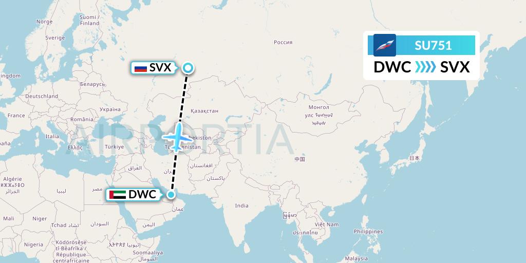 SU751 Aeroflot Flight Map: Dubai to Yekaterinburg