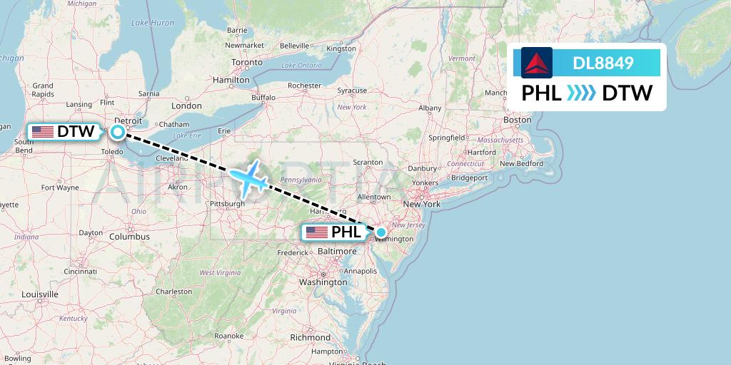 DL8849 Delta Air Lines Flight Map: Philadelphia to Detroit