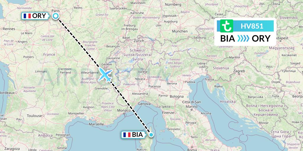 HV851 Transavia Flight Map: Bastia to Paris