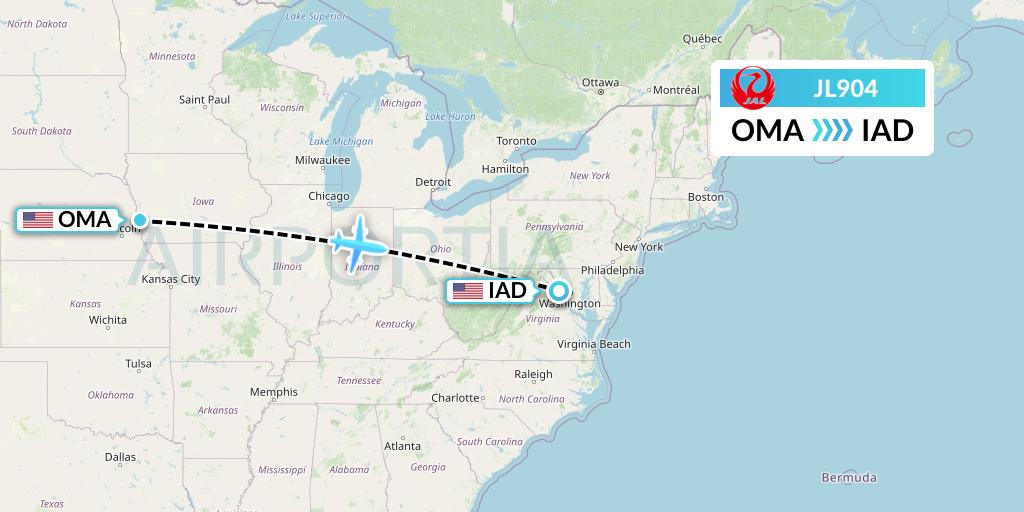 JL904 Japan Airlines Flight Map: Omaha to Washington