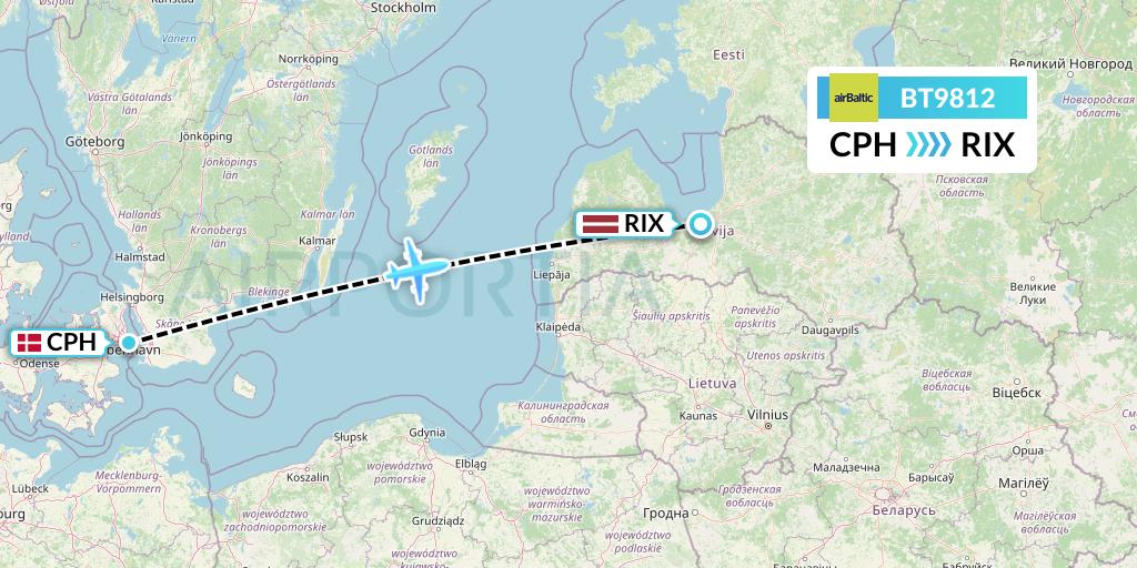 BT9812 Air Baltic Flight Map: Copenhagen to Riga