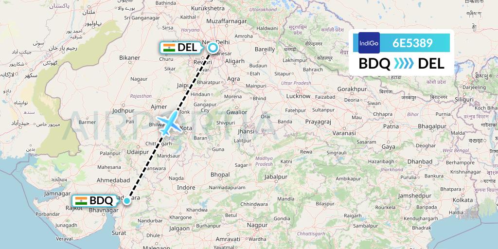 6E5389 IndiGo Airlines Flight Map: Vadodara to Delhi