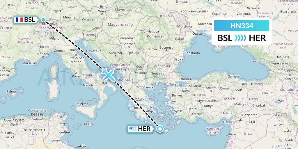 HN334 Uab Heston Airlines Jsc Heston Airl Flight Map: Basel to Heraklion