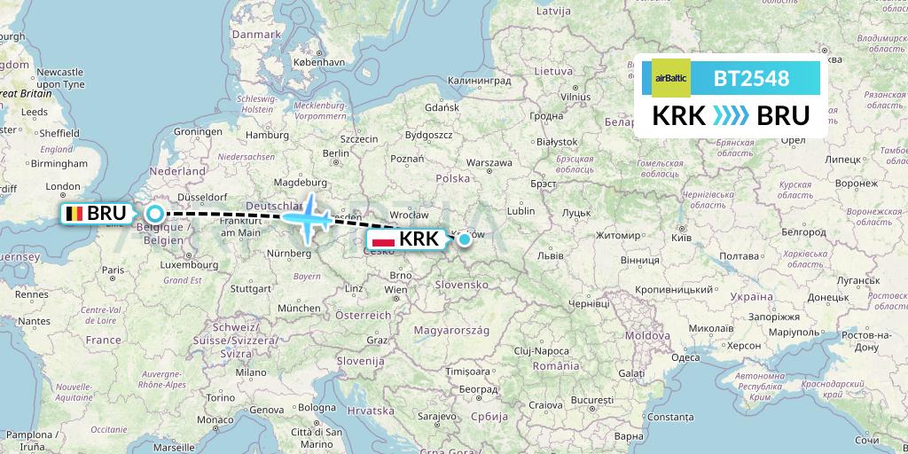BT2548 Air Baltic Flight Map: Krakow to Brussels