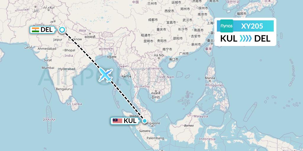 XY205 Flynas Flight Map: Kuala Lumpur to Delhi