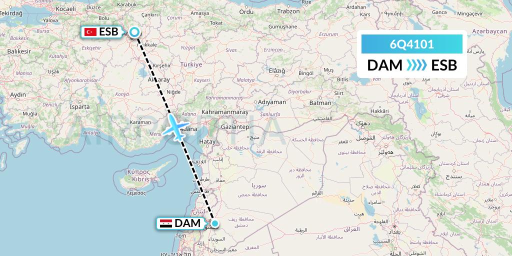 6Q4101 Cham Wings Airlines Flight Map: Damascus to Ankara