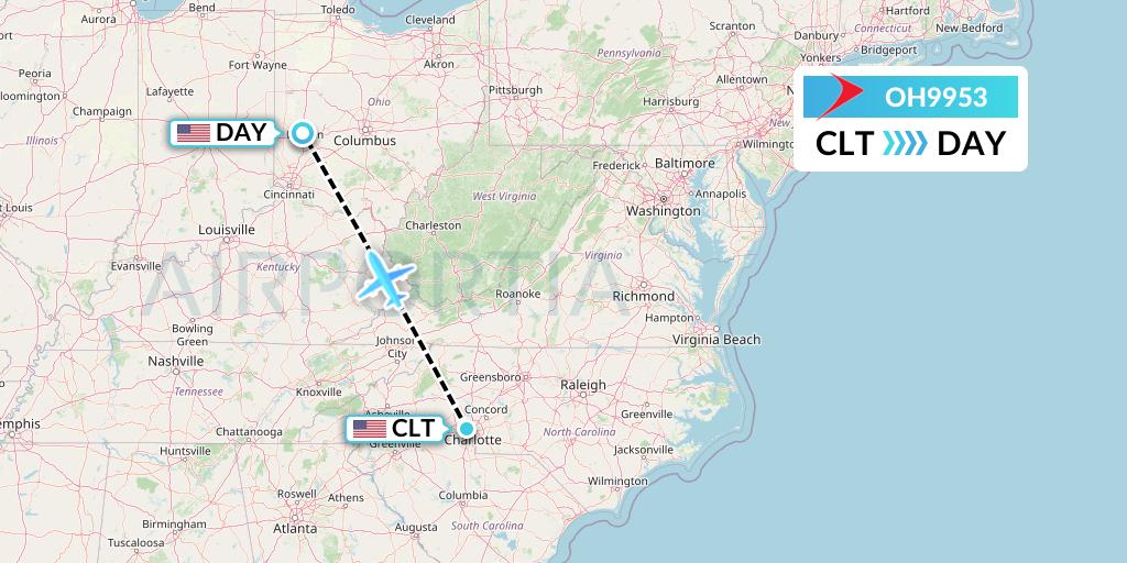OH9953 PSA Airlines Flight Map: Charlotte to Dayton
