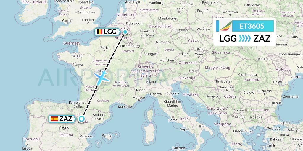 ET3605 Ethiopian Airlines Flight Map: Liege to Zaragoza