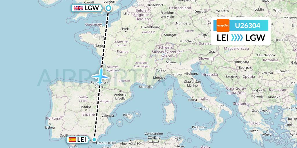 U26304 EasyJet Flight Map: Almeria to London