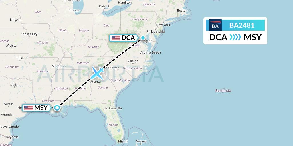 BA2481 British Airways Flight Map: Washington to New Orleans