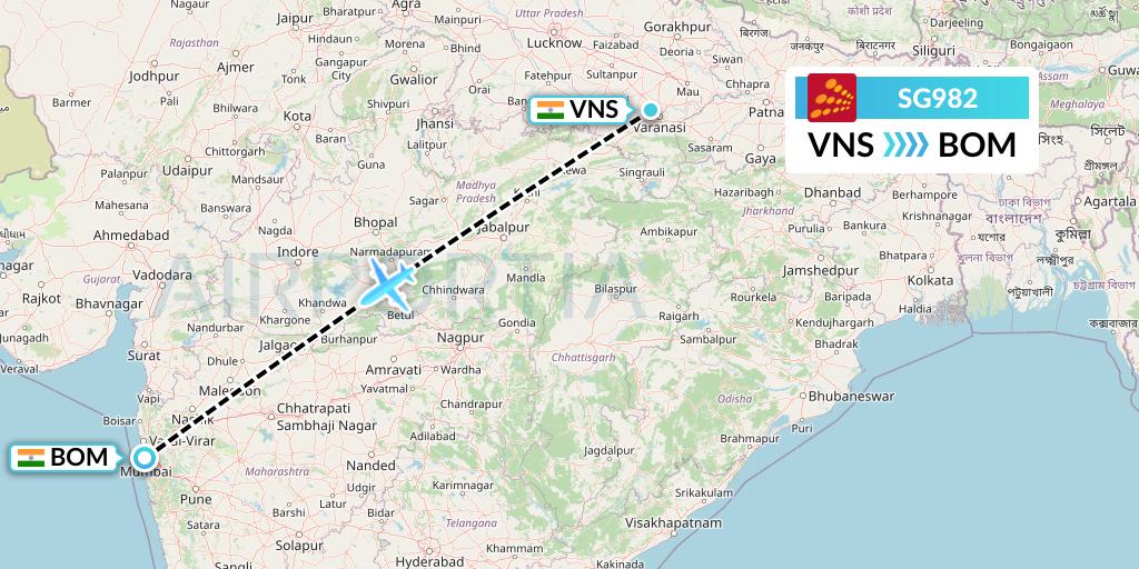 SG982 SpiceJet Flight Map: Varanasi to Mumbai