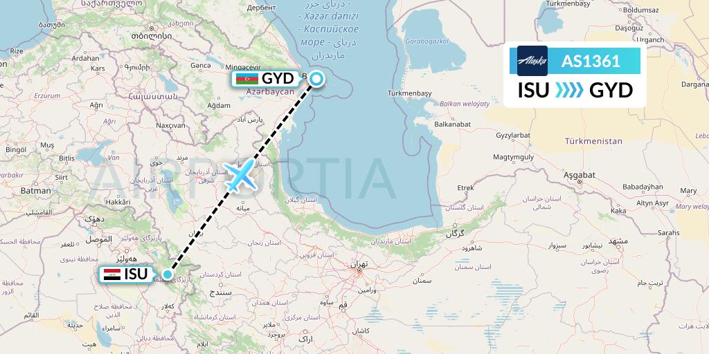 AS1361 Alaska Airlines Flight Map: Sulaimaniyah to Baku