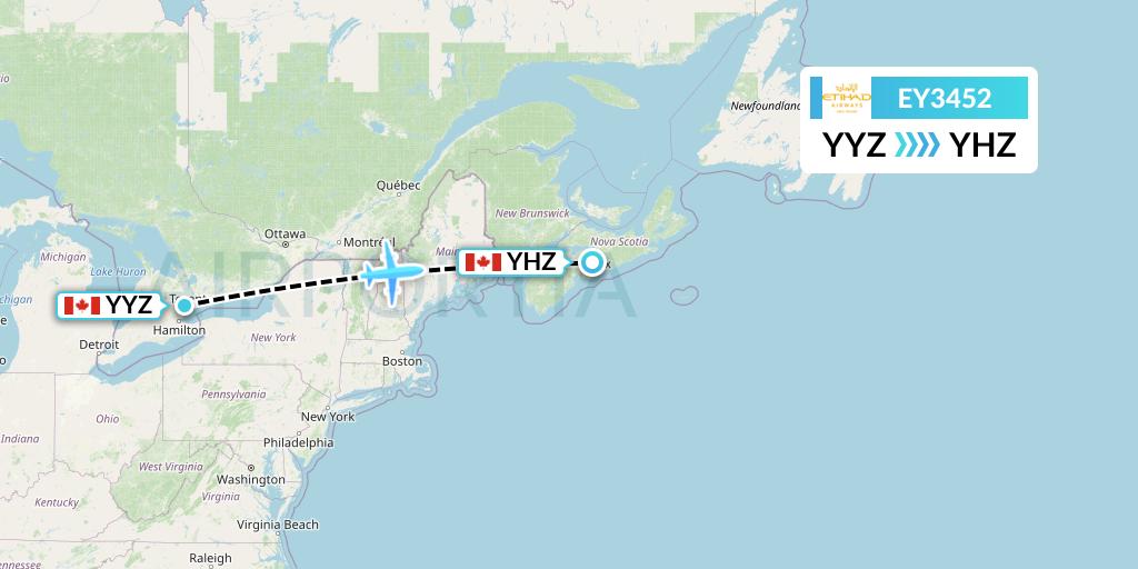 EY3452 Etihad Airways Flight Map: Toronto to Halifax
