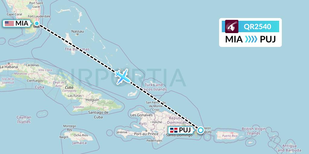 QR2540 Qatar Airways Flight Map: Miami to Punta Cana