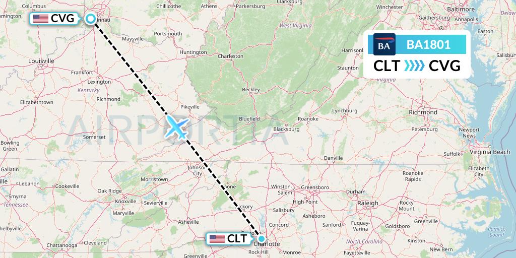 BA1801 British Airways Flight Map: Charlotte to Cincinnati