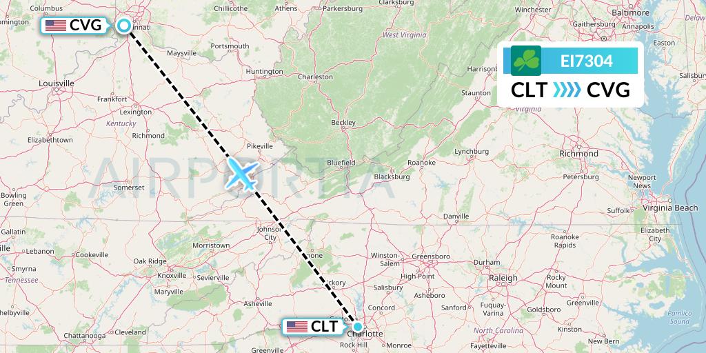 EI7304 Aer Lingus Flight Map: Charlotte to Cincinnati