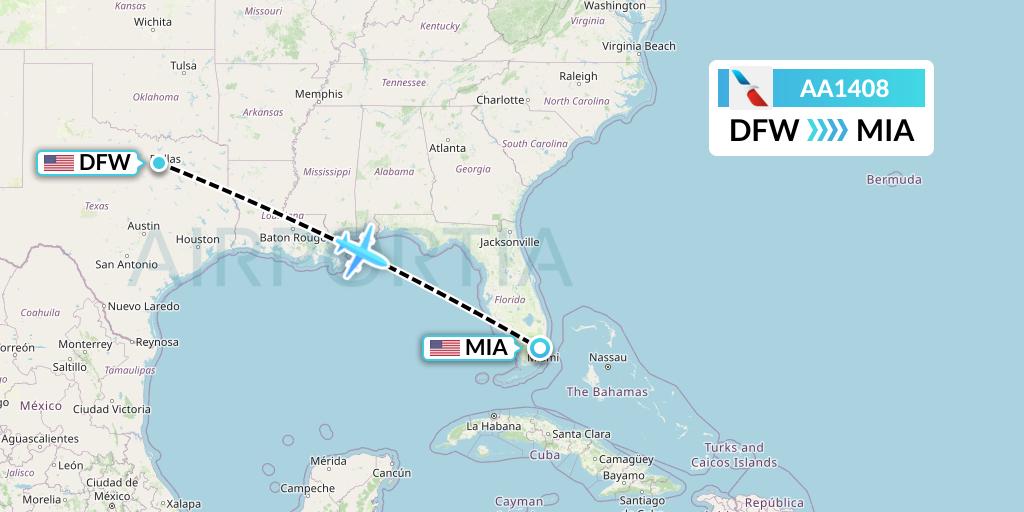 AA1408 American Airlines Flight Map: Dallas to Miami