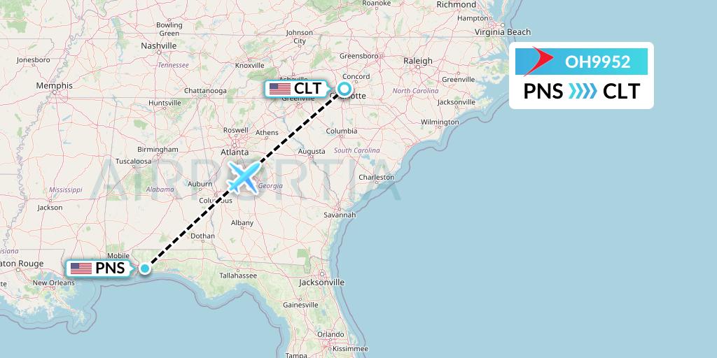 OH9952 PSA Airlines Flight Map: Pensacola to Charlotte