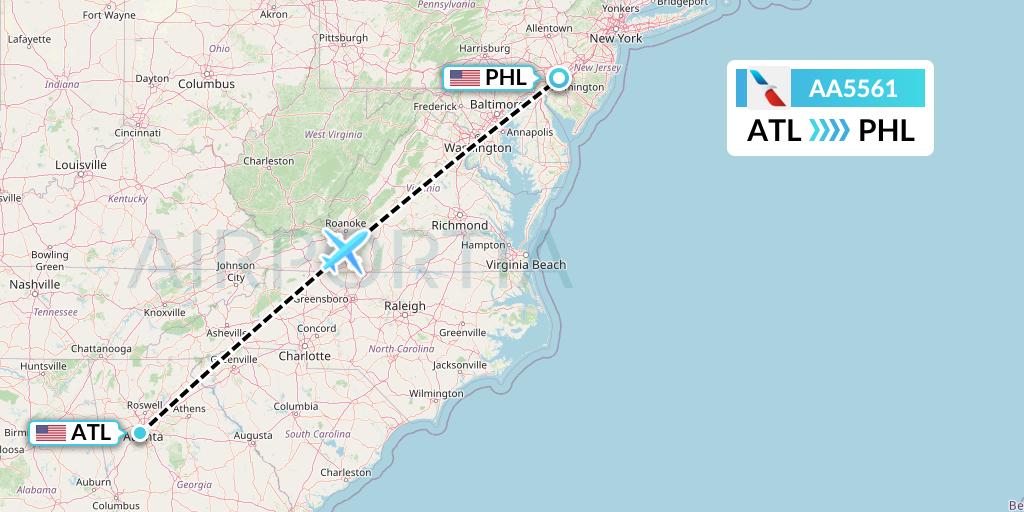 AA5561 American Airlines Flight Map: Atlanta to Philadelphia