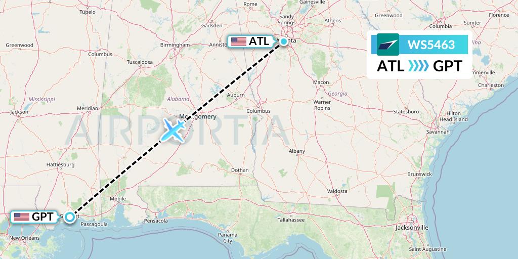 WS5463 WestJet Flight Map: Atlanta to Gulfport