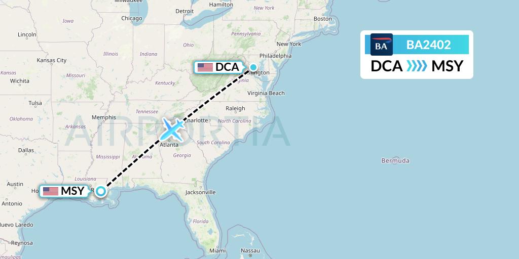 BA2402 British Airways Flight Map: Washington to New Orleans