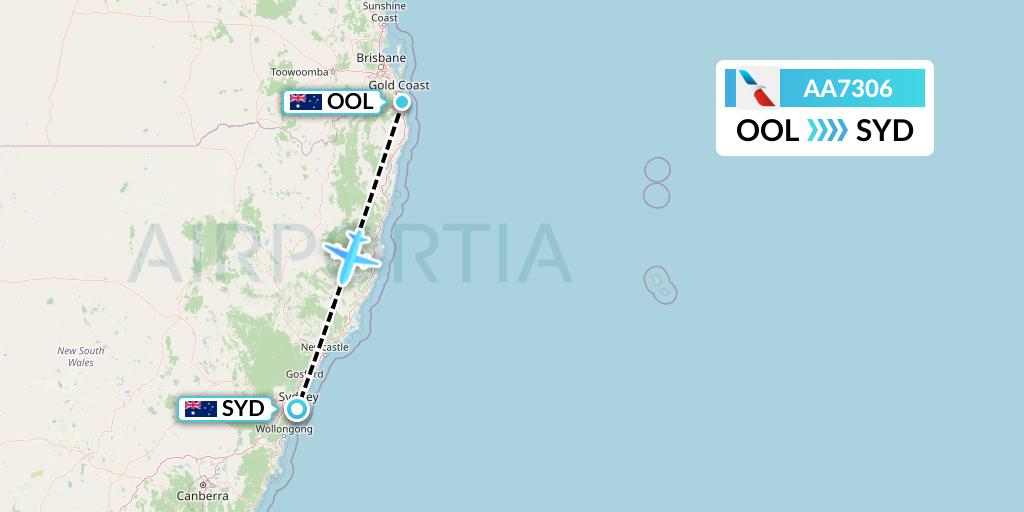AA7306 American Airlines Flight Map: Gold Coast to Sydney