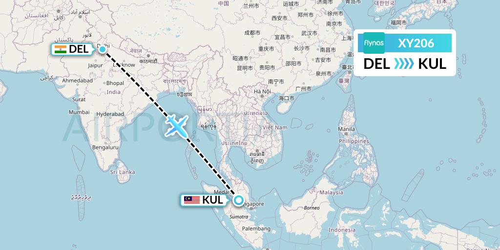 XY206 Flynas Flight Map: Delhi to Kuala Lumpur