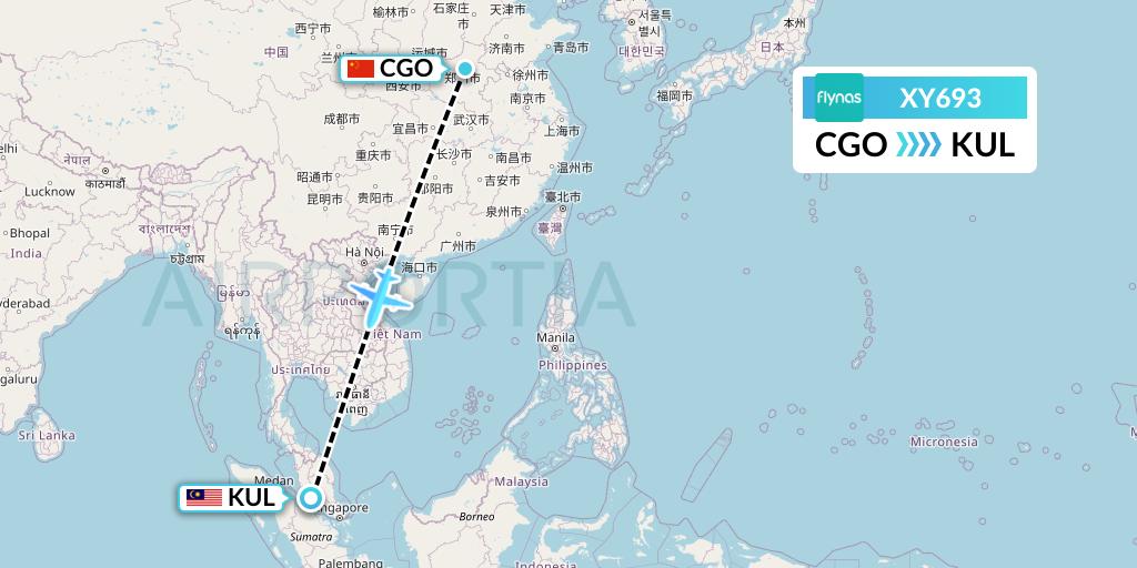 XY693 Flynas Flight Map: Zhengzhou to Kuala Lumpur