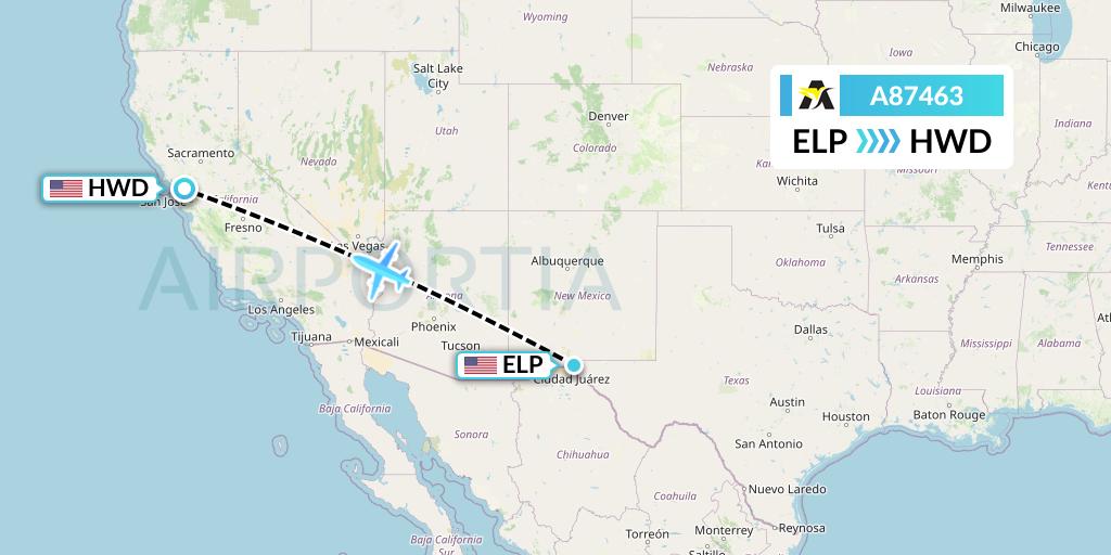 A87463 Aerolink Uganda Flight Map: El Paso to Hayward