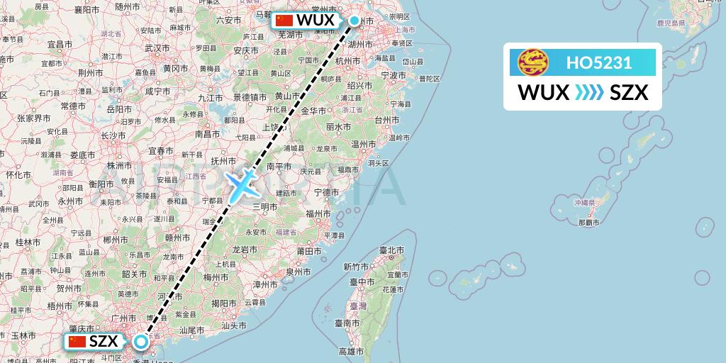HO5231 Juneyao Airlines Flight Map: Wuxi to Shenzhen