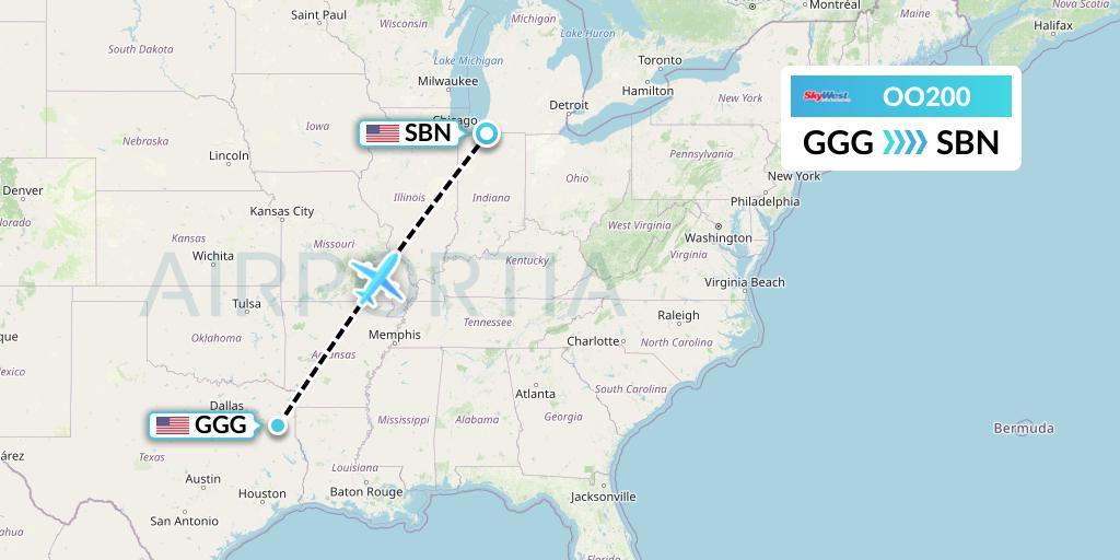 OO200 SkyWest Airlines Flight Map: Longview to South Bend