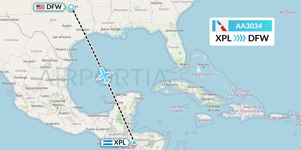 AA3034 American Airlines Flight Map: Comayagua to Dallas