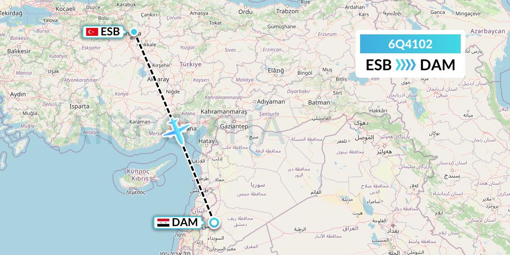 6Q4102 Cham Wings Airlines Flight Map: Ankara to Damascus