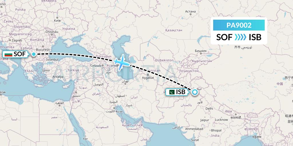 PA9002 AirBlue Flight Map: Sofia to Islamabad