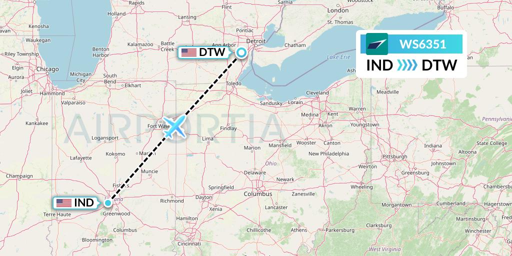 WS6351 WestJet Flight Map: Indianapolis to Detroit