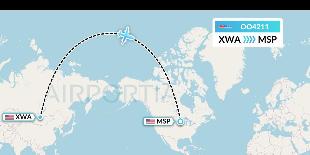 OO4211 SkyWest Airlines Flight Map: Williston to Minneapolis