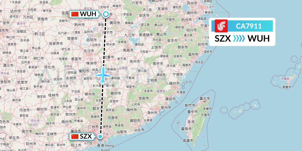 CA7911 Air China Flight Map: Shenzhen to Wuhan