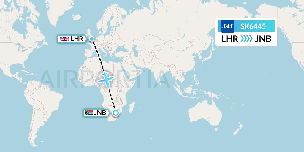 SK6445 SAS Flight Map: London to Johannesburg