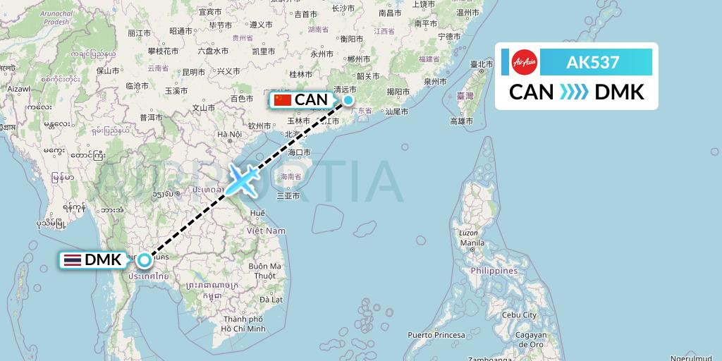 AK537 AirAsia Flight Map: Guangzhou to Bangkok