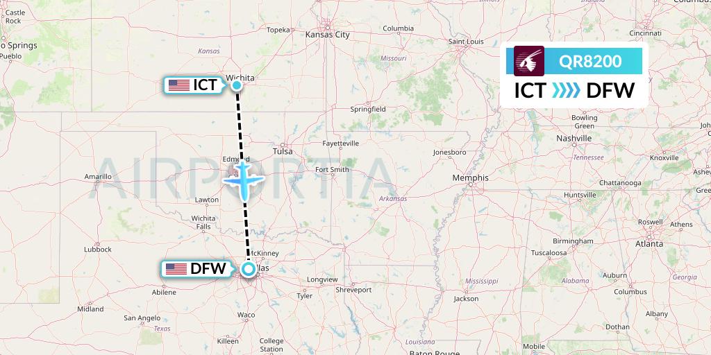 QR8200 Qatar Airways Flight Map: Wichita to Dallas