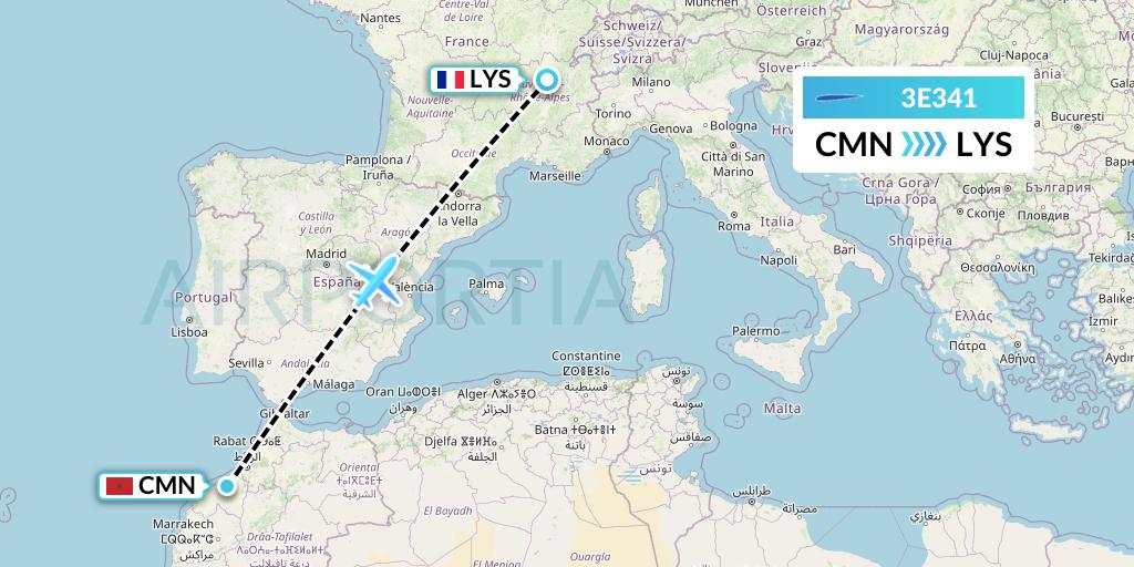 3E341 Air Choice One Flight Map: Casablanca to Lyon