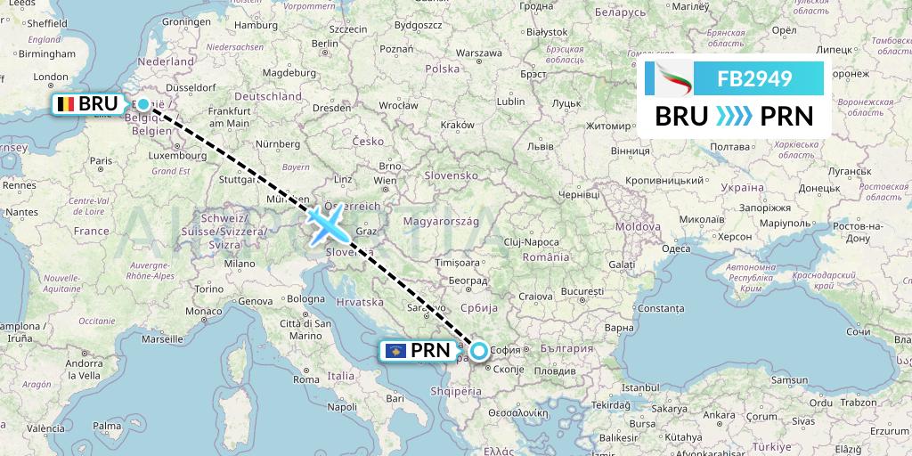 FB2949 Bulgaria Air Flight Map: Brussels to Pristina