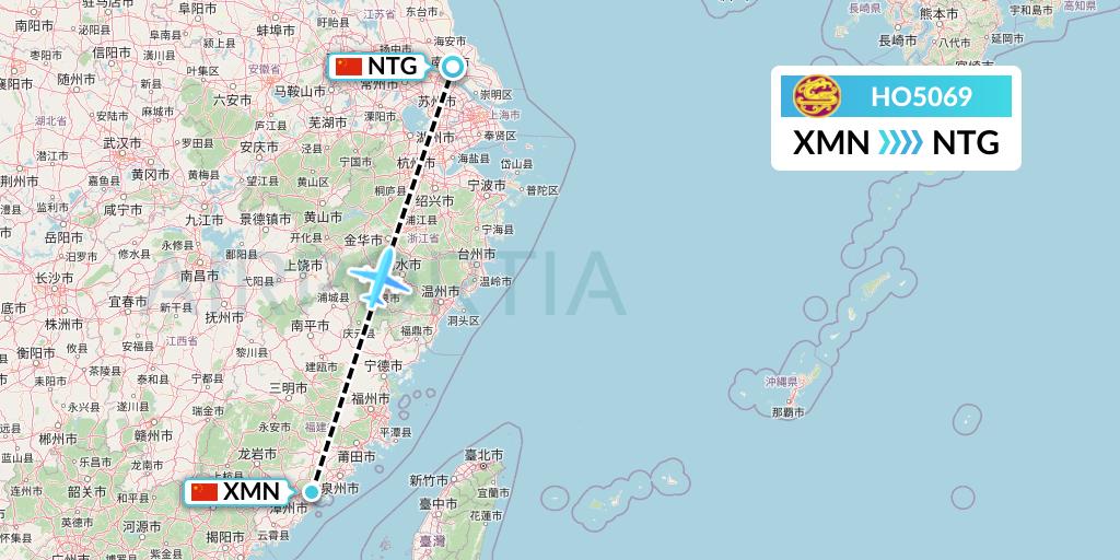HO5069 Juneyao Airlines Flight Map: Xiamen to Nantong