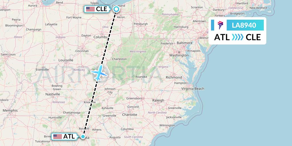 LA8940 LAN Airlines Flight Map: Atlanta to Cleveland