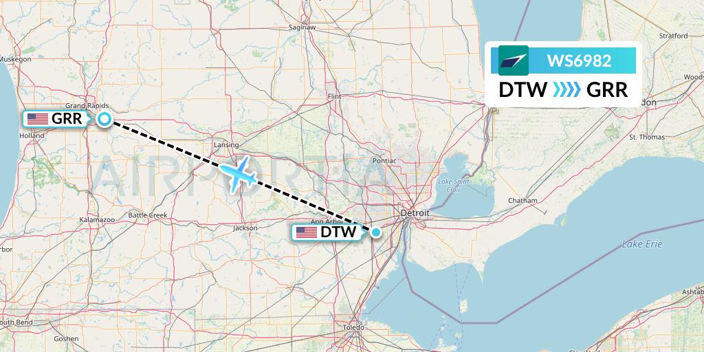 WS6982 WestJet Flight Map: Detroit to Grand Rapids